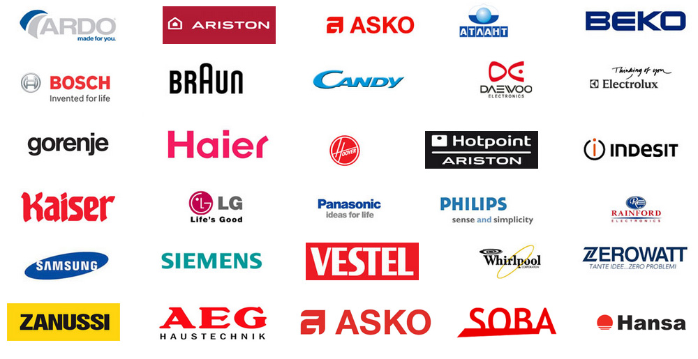 AEG, ARDO, ASKO, Ariston, Beko, Bloomberg, Bosch, Brand, Candy, Electrolux, Euronova, Gorenje, Hansa, Indesit, LG, Miele, Samsung, Siemens, Vestel, Wirpool, Zanussi, Zerowatt